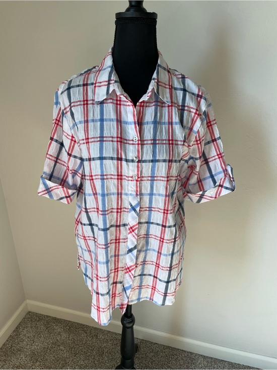Allison Daley Tops - Allison Daley White Plaid Button-Down Shirt with Red & Blue Checks